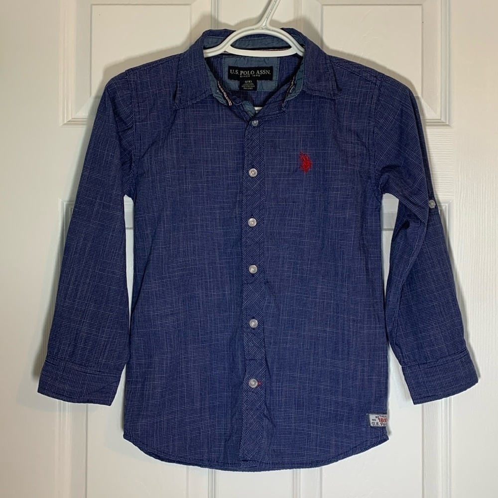 POLO Boy’s Dress Shirt size small (8) blue long sleeve button red embroidery